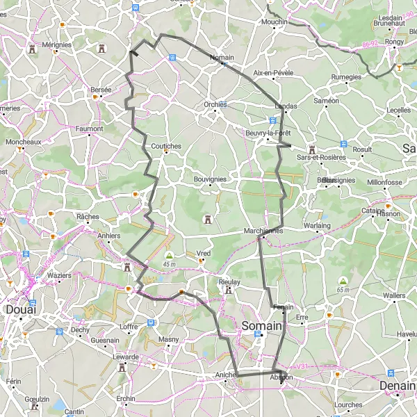 Miniature de la carte de l'inspiration cycliste "Cultural road trip to Aix-en-Pévèle" dans la Nord-Pas de Calais, France. Générée par le planificateur d'itinéraire cycliste Tarmacs.app