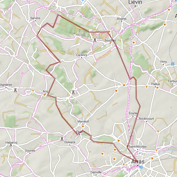 Miniature de la carte de l'inspiration cycliste "Balade entre Beffroi et Arras" dans la Nord-Pas de Calais, France. Générée par le planificateur d'itinéraire cycliste Tarmacs.app