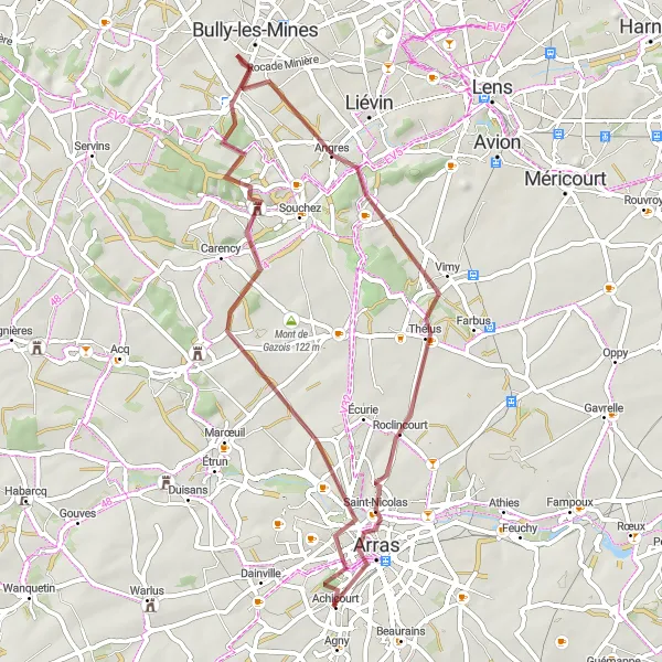 Map miniature of "Gohelle Valley Adventure" cycling inspiration in Nord-Pas de Calais, France. Generated by Tarmacs.app cycling route planner