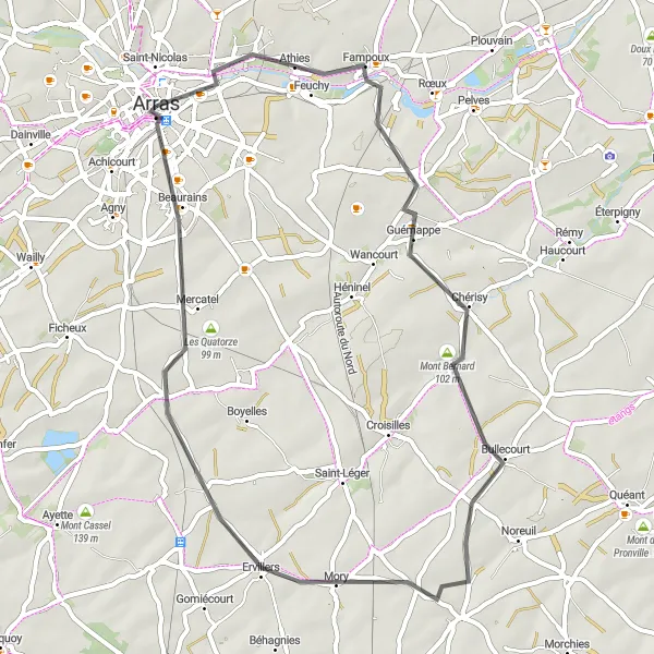 Map miniature of "Arras and Vaulx-Vraucourt Loop" cycling inspiration in Nord-Pas de Calais, France. Generated by Tarmacs.app cycling route planner