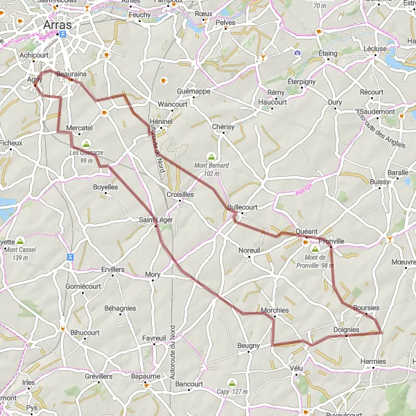 Miniature de la carte de l'inspiration cycliste "Les collines de Cambrai" dans la Nord-Pas de Calais, France. Générée par le planificateur d'itinéraire cycliste Tarmacs.app