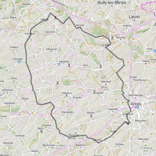 Miniature de la carte de l'inspiration cycliste "La Route des Monts de l'Artois" dans la Nord-Pas de Calais, France. Générée par le planificateur d'itinéraire cycliste Tarmacs.app