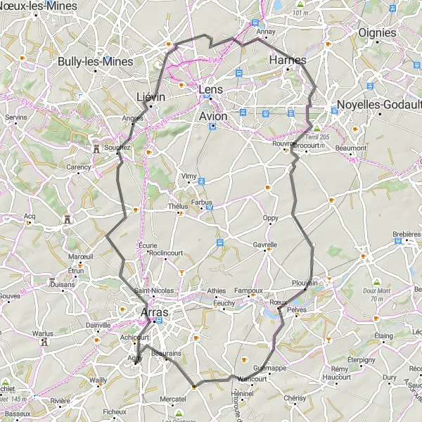 Miniature de la carte de l'inspiration cycliste "Parcours à travers les collines du Nord-Pas de Calais" dans la Nord-Pas de Calais, France. Générée par le planificateur d'itinéraire cycliste Tarmacs.app