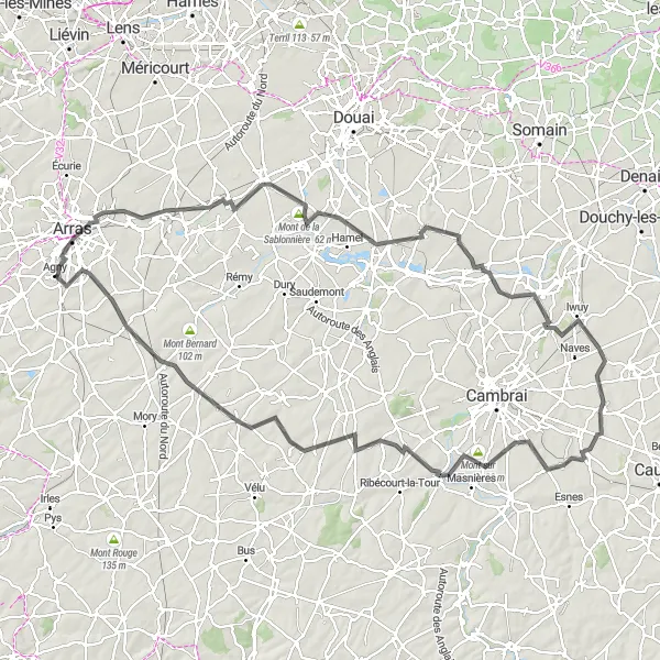 Map miniature of "Arras to Saint-Martin-sur-Cojeul Adventure" cycling inspiration in Nord-Pas de Calais, France. Generated by Tarmacs.app cycling route planner