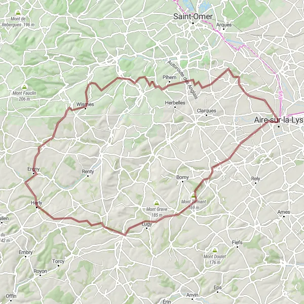 Miniature de la carte de l'inspiration cycliste "La Boucle des Monts Gravel" dans la Nord-Pas de Calais, France. Générée par le planificateur d'itinéraire cycliste Tarmacs.app