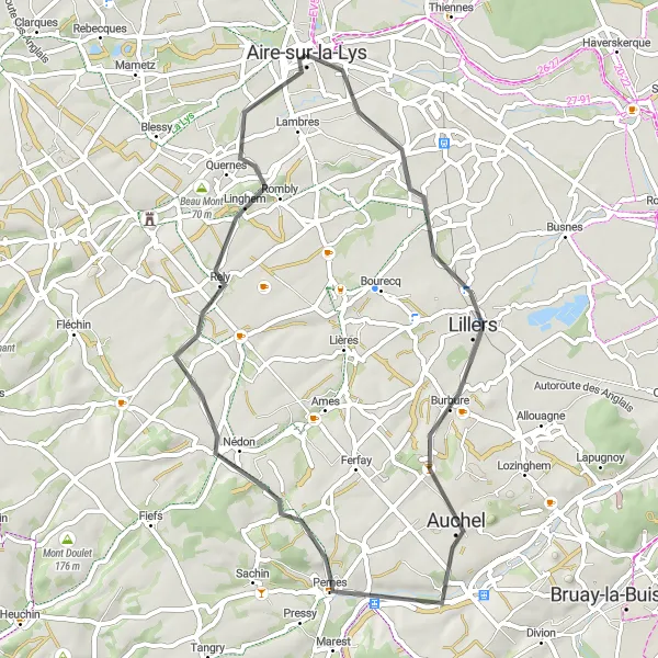 Miniature de la carte de l'inspiration cycliste "Le Tour des Vallées" dans la Nord-Pas de Calais, France. Générée par le planificateur d'itinéraire cycliste Tarmacs.app