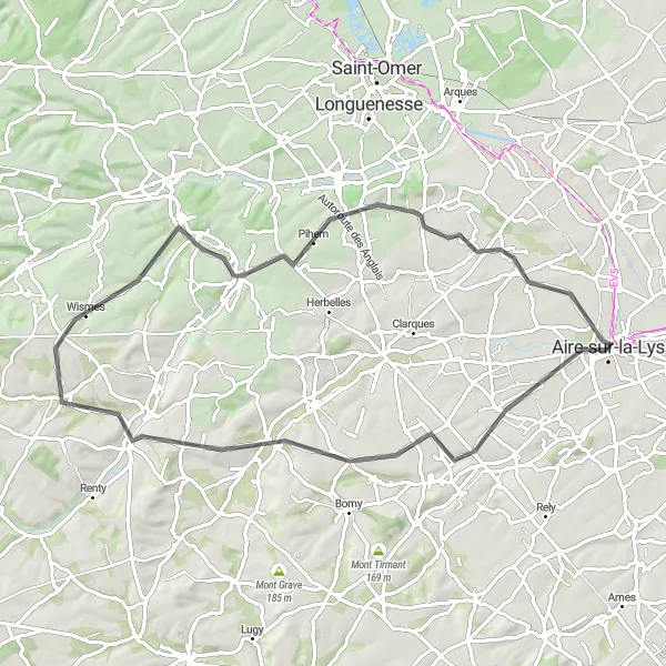 Miniature de la carte de l'inspiration cycliste "Escapade au Mont d'Helfaut" dans la Nord-Pas de Calais, France. Générée par le planificateur d'itinéraire cycliste Tarmacs.app