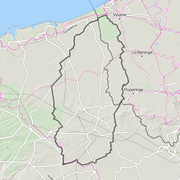 Miniature de la carte de l'inspiration cycliste "Route des Collines Flamandes" dans la Nord-Pas de Calais, France. Générée par le planificateur d'itinéraire cycliste Tarmacs.app