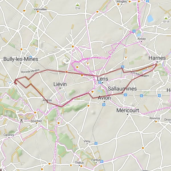 Miniature de la carte de l'inspiration cycliste "Circuit de Gravel autour d'Aix-Noulette" dans la Nord-Pas de Calais, France. Générée par le planificateur d'itinéraire cycliste Tarmacs.app