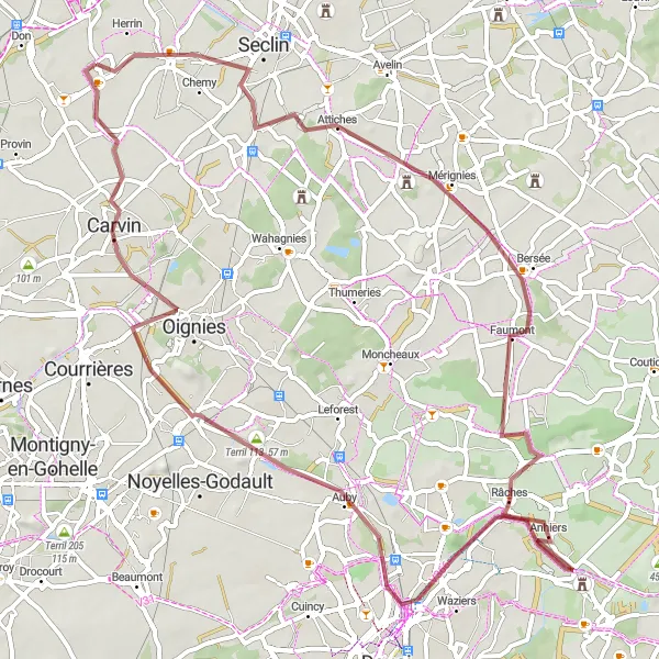 Map miniature of "The Gravel Loop: From Allennes-les-Marais to Gondecourt and Beyond" cycling inspiration in Nord-Pas de Calais, France. Generated by Tarmacs.app cycling route planner