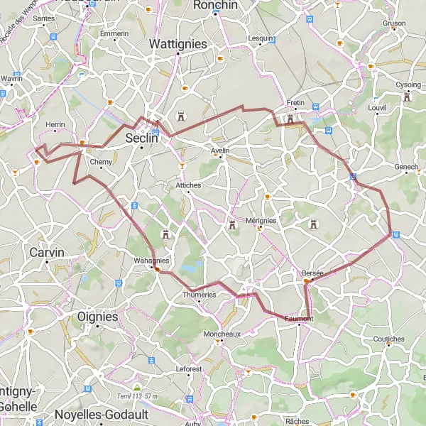 Miniature de la carte de l'inspiration cycliste "Parcours de Gravel près d'Allennes-les-Marais" dans la Nord-Pas de Calais, France. Générée par le planificateur d'itinéraire cycliste Tarmacs.app