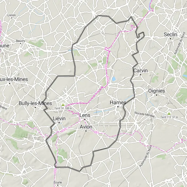 Miniature de la carte de l'inspiration cycliste "La Route des Terrils et Villages" dans la Nord-Pas de Calais, France. Générée par le planificateur d'itinéraire cycliste Tarmacs.app