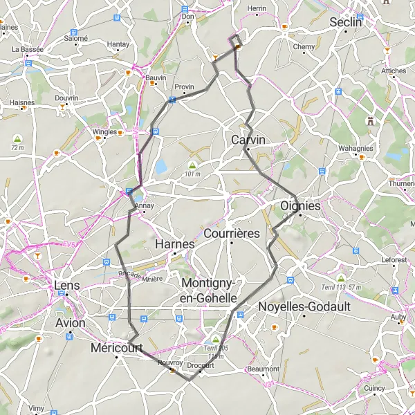 Miniature de la carte de l'inspiration cycliste "Parcours Routier à Couper le Souffle" dans la Nord-Pas de Calais, France. Générée par le planificateur d'itinéraire cycliste Tarmacs.app