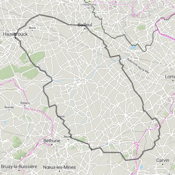 Map miniature of "Challenging Ride: Auchy-les-Mines to Wavrin Circuit" cycling inspiration in Nord-Pas de Calais, France. Generated by Tarmacs.app cycling route planner