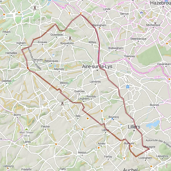Miniature de la carte de l'inspiration cycliste "Grand tour du Monts de Thérouanne" dans la Nord-Pas de Calais, France. Générée par le planificateur d'itinéraire cycliste Tarmacs.app