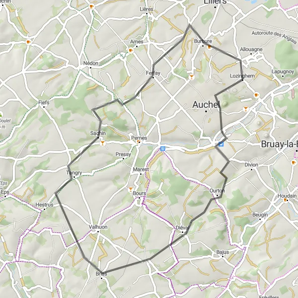 Miniature de la carte de l'inspiration cycliste "La Boucle des Vallées Paisibles" dans la Nord-Pas de Calais, France. Générée par le planificateur d'itinéraire cycliste Tarmacs.app