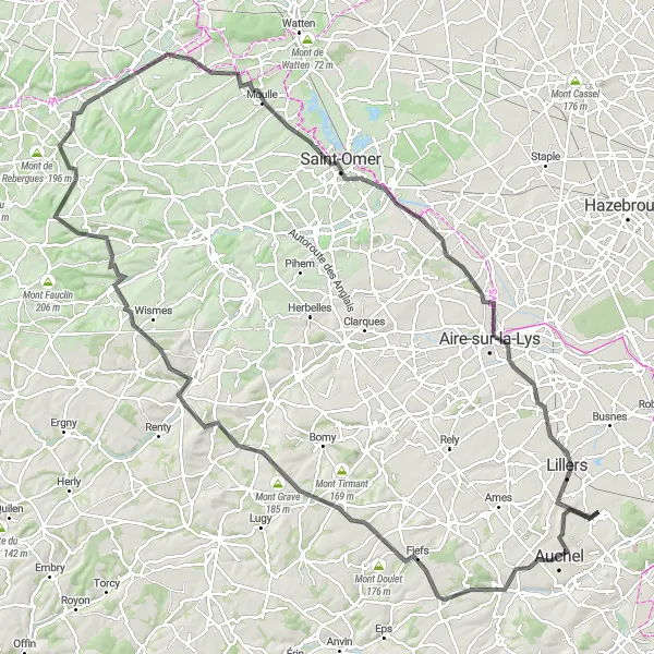 Miniature de la carte de l'inspiration cycliste "La Boucle des Monts" dans la Nord-Pas de Calais, France. Générée par le planificateur d'itinéraire cycliste Tarmacs.app