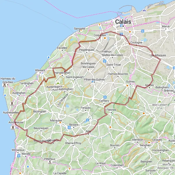 Miniature de la carte de l'inspiration cycliste "Les Collines de l'Arrière-Pays" dans la Nord-Pas de Calais, France. Générée par le planificateur d'itinéraire cycliste Tarmacs.app