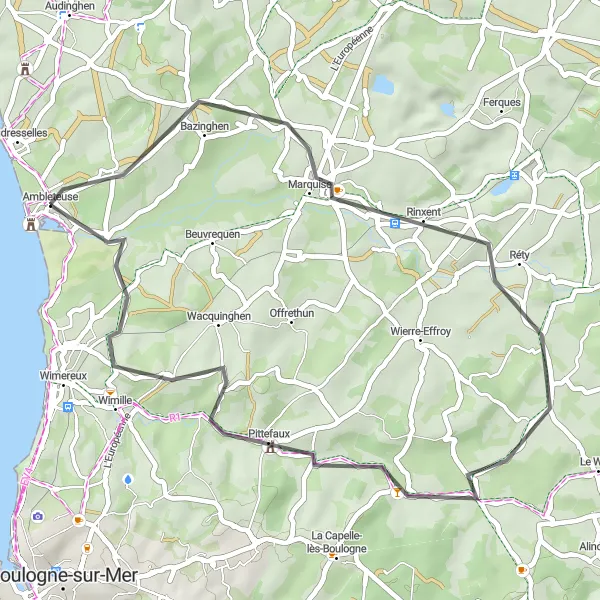 Miniature de la carte de l'inspiration cycliste "Parcours pittoresque de Rinxent" dans la Nord-Pas de Calais, France. Générée par le planificateur d'itinéraire cycliste Tarmacs.app