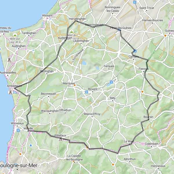 Miniature de la carte de l'inspiration cycliste "Boucle cyclable autour d'Audembert" dans la Nord-Pas de Calais, France. Générée par le planificateur d'itinéraire cycliste Tarmacs.app
