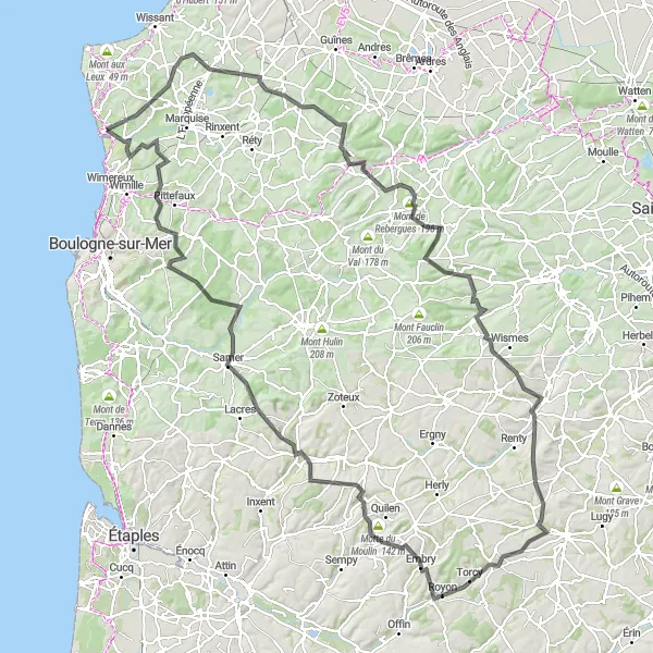 Miniature de la carte de l'inspiration cycliste "Tour panoramique d'Alquines" dans la Nord-Pas de Calais, France. Générée par le planificateur d'itinéraire cycliste Tarmacs.app
