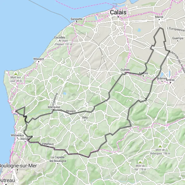 Miniature de la carte de l'inspiration cycliste "La Route des Abbayes" dans la Nord-Pas de Calais, France. Générée par le planificateur d'itinéraire cycliste Tarmacs.app