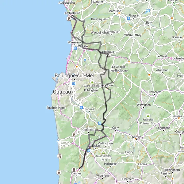 Miniature de la carte de l'inspiration cycliste "La Boucle des Caps" dans la Nord-Pas de Calais, France. Générée par le planificateur d'itinéraire cycliste Tarmacs.app
