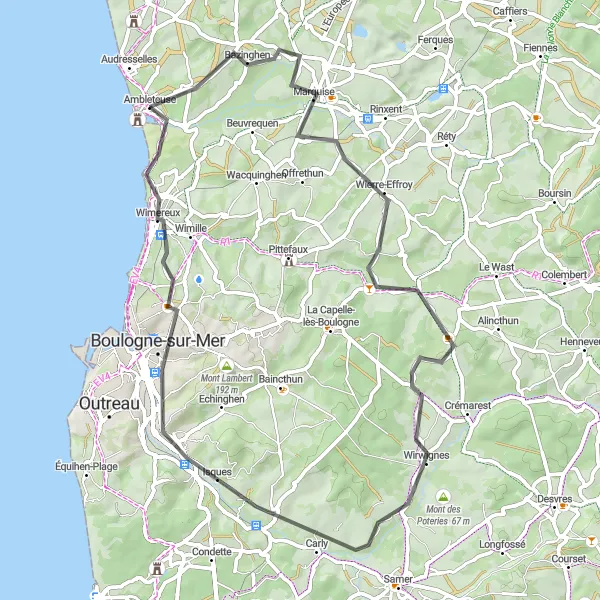 Miniature de la carte de l'inspiration cycliste "Les Plages de la Côte d'Opale" dans la Nord-Pas de Calais, France. Générée par le planificateur d'itinéraire cycliste Tarmacs.app