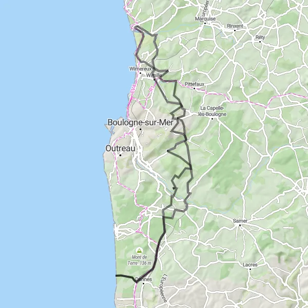 Miniature de la carte de l'inspiration cycliste "Les Collines du Boulonnais" dans la Nord-Pas de Calais, France. Générée par le planificateur d'itinéraire cycliste Tarmacs.app