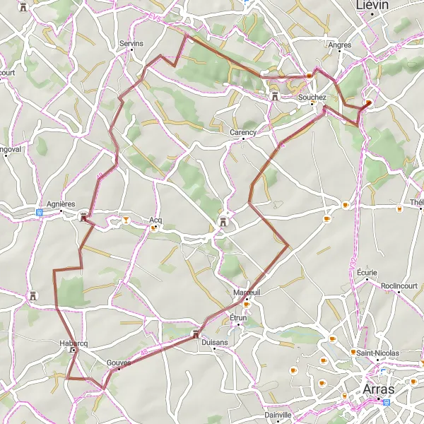 Miniature de la carte de l'inspiration cycliste "Aventure Gravel autour d'Angres" dans la Nord-Pas de Calais, France. Générée par le planificateur d'itinéraire cycliste Tarmacs.app