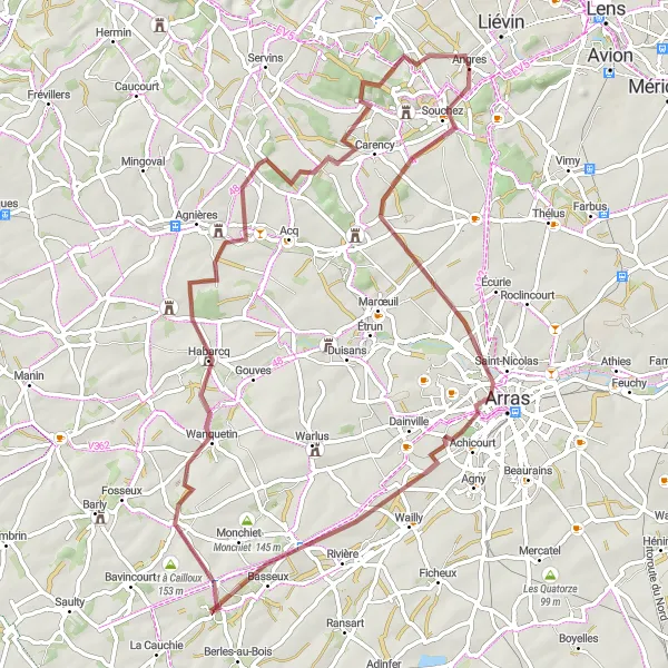 Miniature de la carte de l'inspiration cycliste "Les Chemins Secrets" dans la Nord-Pas de Calais, France. Générée par le planificateur d'itinéraire cycliste Tarmacs.app