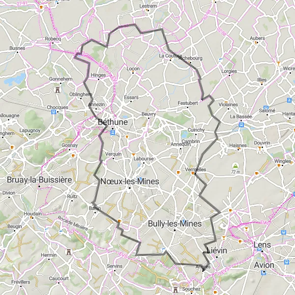 Miniature de la carte de l'inspiration cycliste "Tour Road pittoresque en Nord-Pas de Calais" dans la Nord-Pas de Calais, France. Générée par le planificateur d'itinéraire cycliste Tarmacs.app