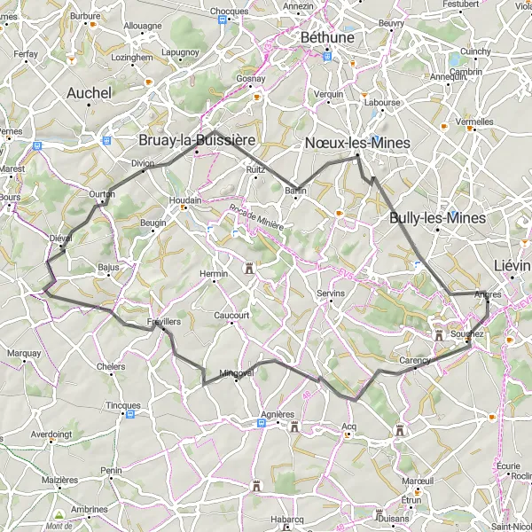 Miniature de la carte de l'inspiration cycliste "Boucle Road variée dans le Nord-Pas de Calais" dans la Nord-Pas de Calais, France. Générée par le planificateur d'itinéraire cycliste Tarmacs.app