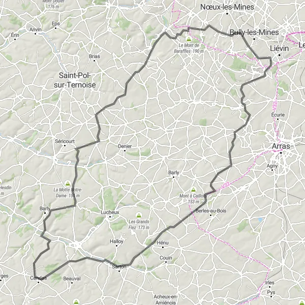 Miniature de la carte de l'inspiration cycliste "Les Rives du Ternois" dans la Nord-Pas de Calais, France. Générée par le planificateur d'itinéraire cycliste Tarmacs.app