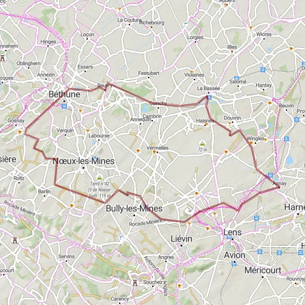Map miniature of "Gravel Ride to Terril 74 and Other Highlights" cycling inspiration in Nord-Pas de Calais, France. Generated by Tarmacs.app cycling route planner