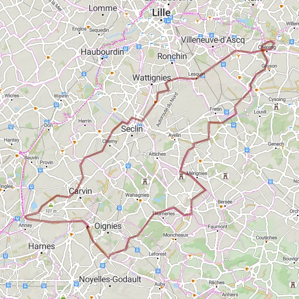 Map miniature of "Scenic Gravel Cycling Route with Historical Delights" cycling inspiration in Nord-Pas de Calais, France. Generated by Tarmacs.app cycling route planner