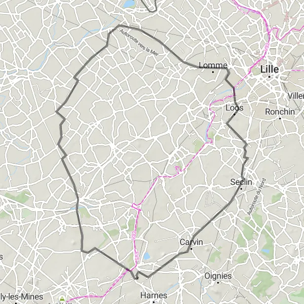 Map miniature of "Historical Road Ride" cycling inspiration in Nord-Pas de Calais, France. Generated by Tarmacs.app cycling route planner