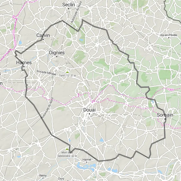 Miniature de la carte de l'inspiration cycliste "Les collines du Nord" dans la Nord-Pas de Calais, France. Générée par le planificateur d'itinéraire cycliste Tarmacs.app