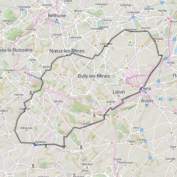 Map miniature of "The Lens Loop" cycling inspiration in Nord-Pas de Calais, France. Generated by Tarmacs.app cycling route planner