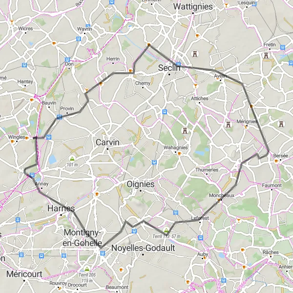 Miniature de la carte de l'inspiration cycliste "Randonnée à vélo de route entre Annay et Hénin-Beaumont" dans la Nord-Pas de Calais, France. Générée par le planificateur d'itinéraire cycliste Tarmacs.app