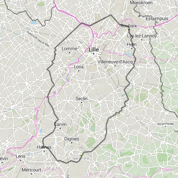 Map miniature of "Annay to Roubaix Loop" cycling inspiration in Nord-Pas de Calais, France. Generated by Tarmacs.app cycling route planner