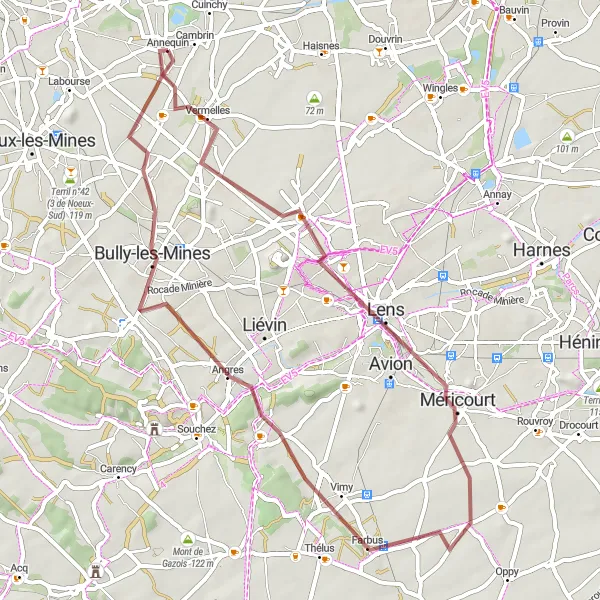 Miniature de la carte de l'inspiration cycliste "Balade Gravel autour de Lens" dans la Nord-Pas de Calais, France. Générée par le planificateur d'itinéraire cycliste Tarmacs.app