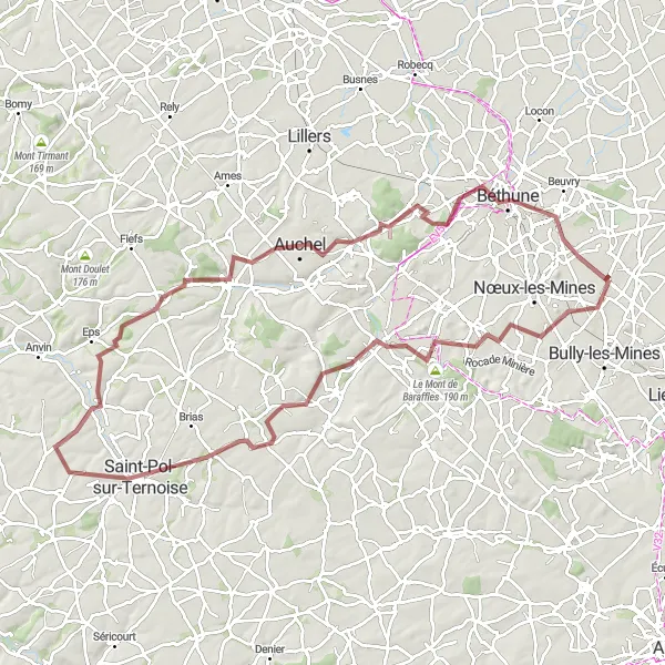 Miniature de la carte de l'inspiration cycliste "Aventure gravel dans les collines du Nord" dans la Nord-Pas de Calais, France. Générée par le planificateur d'itinéraire cycliste Tarmacs.app