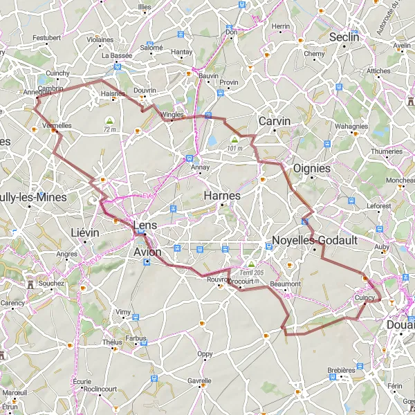 Miniature de la carte de l'inspiration cycliste "Circuit Gravel des Terrils" dans la Nord-Pas de Calais, France. Générée par le planificateur d'itinéraire cycliste Tarmacs.app