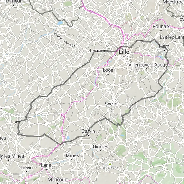 Map miniature of "Scenic Journey through Violaines and Avelin" cycling inspiration in Nord-Pas de Calais, France. Generated by Tarmacs.app cycling route planner