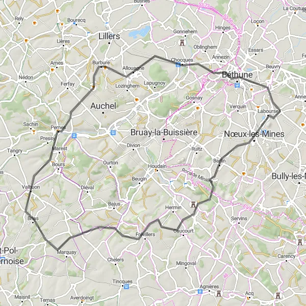 Miniature de la carte de l'inspiration cycliste "Boucle des Vallées" dans la Nord-Pas de Calais, France. Générée par le planificateur d'itinéraire cycliste Tarmacs.app