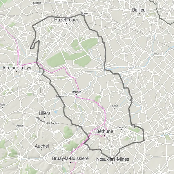 Miniature de la carte de l'inspiration cycliste "Le Tour de la Campagne du Nord" dans la Nord-Pas de Calais, France. Générée par le planificateur d'itinéraire cycliste Tarmacs.app