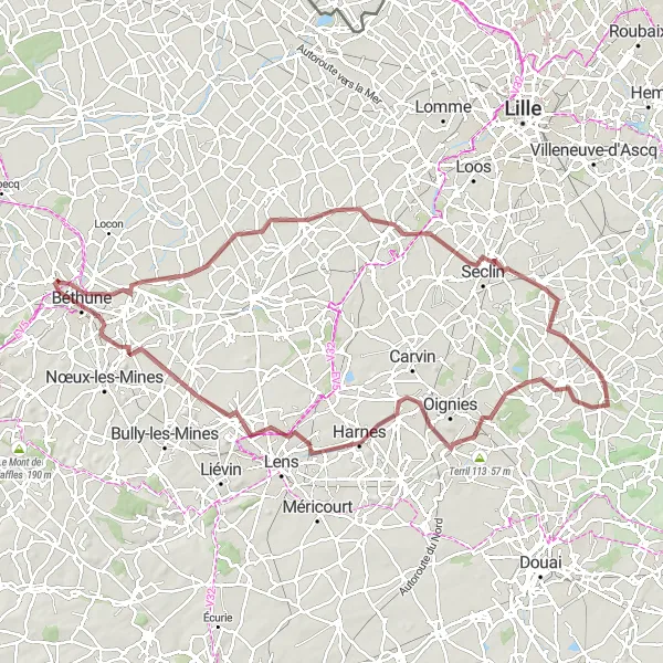Map miniature of "Journey through Weppes and Lens" cycling inspiration in Nord-Pas de Calais, France. Generated by Tarmacs.app cycling route planner