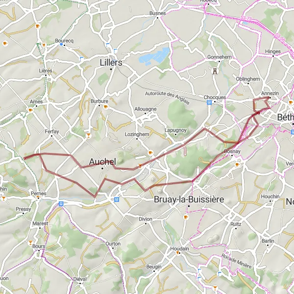 Miniature de la carte de l'inspiration cycliste "Boucle gravel entre Auchel et Fouquereuil" dans la Nord-Pas de Calais, France. Générée par le planificateur d'itinéraire cycliste Tarmacs.app