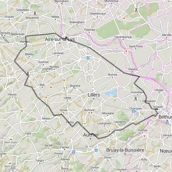 Miniature de la carte de l'inspiration cycliste "Exploration d'Auchel à Robecq" dans la Nord-Pas de Calais, France. Générée par le planificateur d'itinéraire cycliste Tarmacs.app